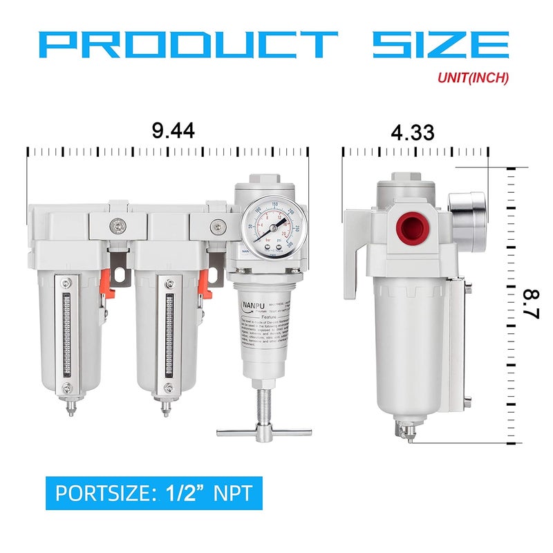 NANPU 1/2" NPT T-Handle High Pressure Air Drying System - Double 5 Micron Particulate Filter & Air Pressure Regulator Piston Combo, Semi-Auto Drain＆Gauge - Image 3